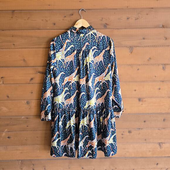 J. Crew Shirtdress in Giraffes Relaxed Fit Small Navy Blue Animal Print Boho Zoo - Picture 3 of 6